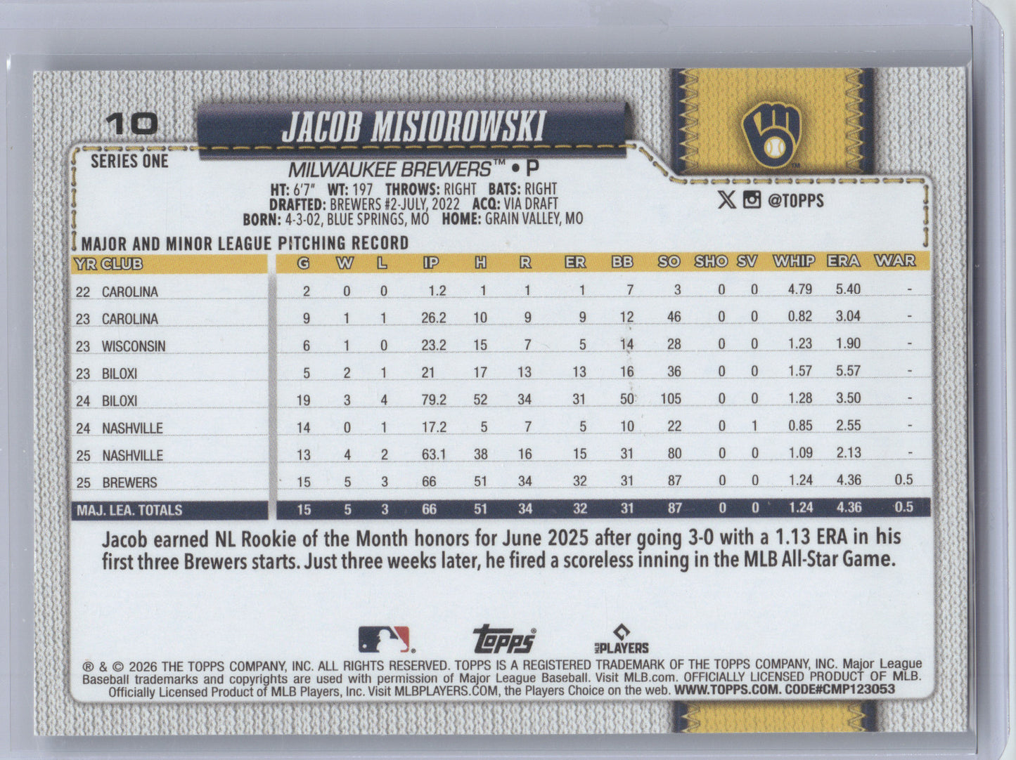2026 Topps Series One Jacob Misiorowski #10 Silver Crackle RC