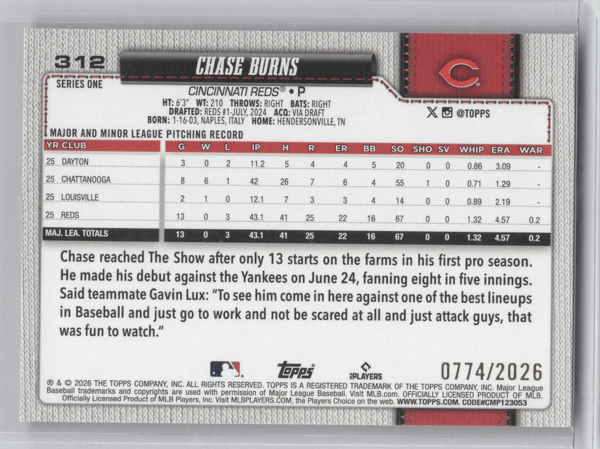 2026 Topps Chase Burns #312 Gold 0774/2026 RC