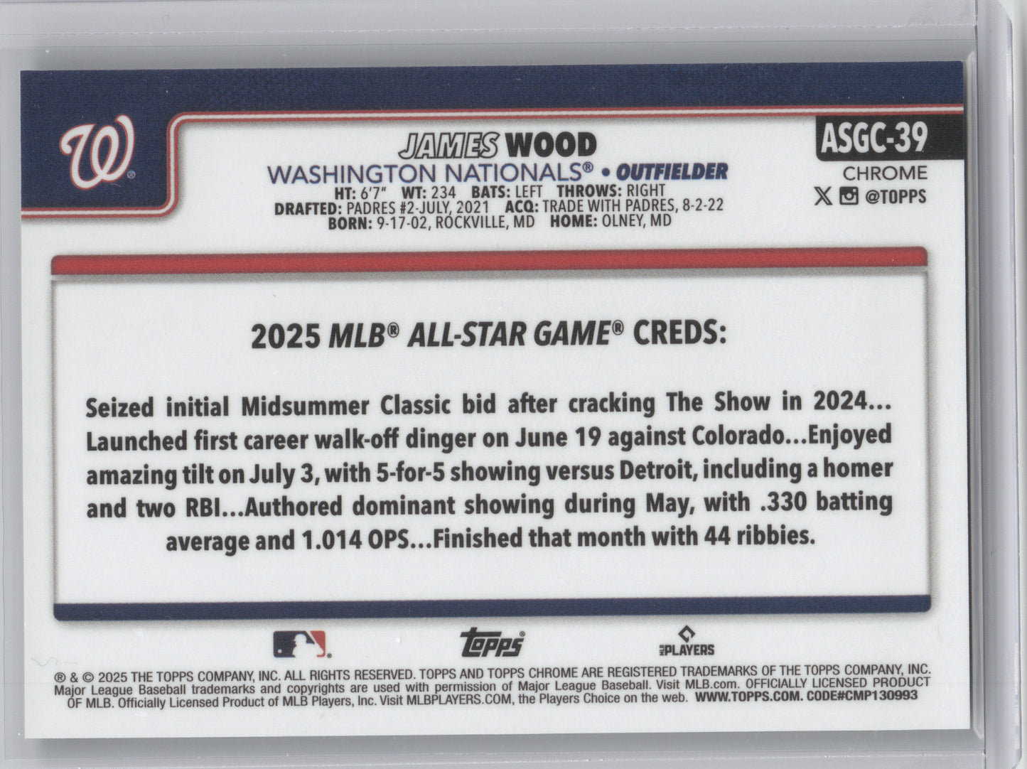 2025 Topps Chrome All Star Game James Wood #ASGC-39 Green 61/99 RC