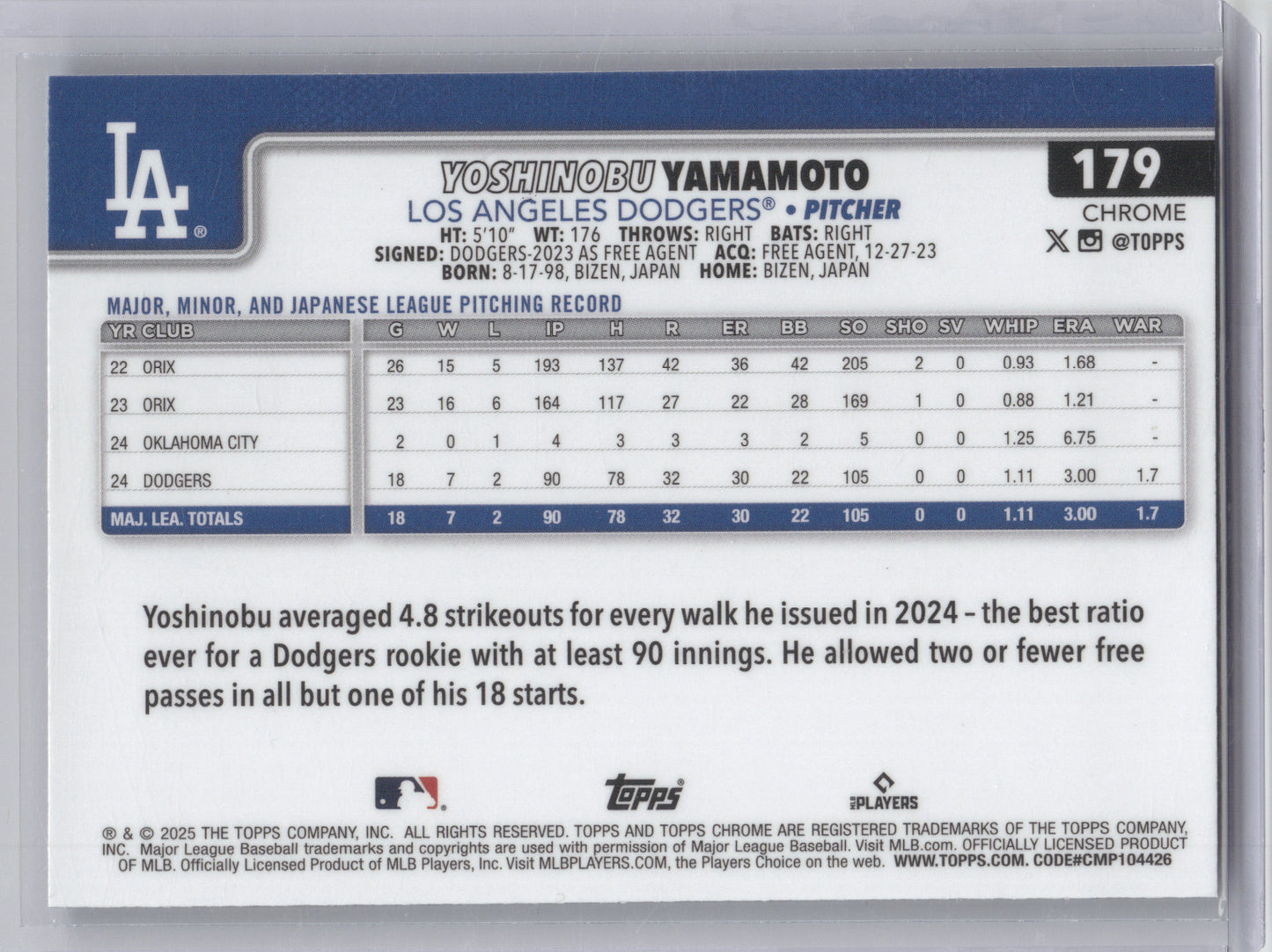 2025 Topps Chrome Yoshinobu Yamamoto #179 Blue Sapphire