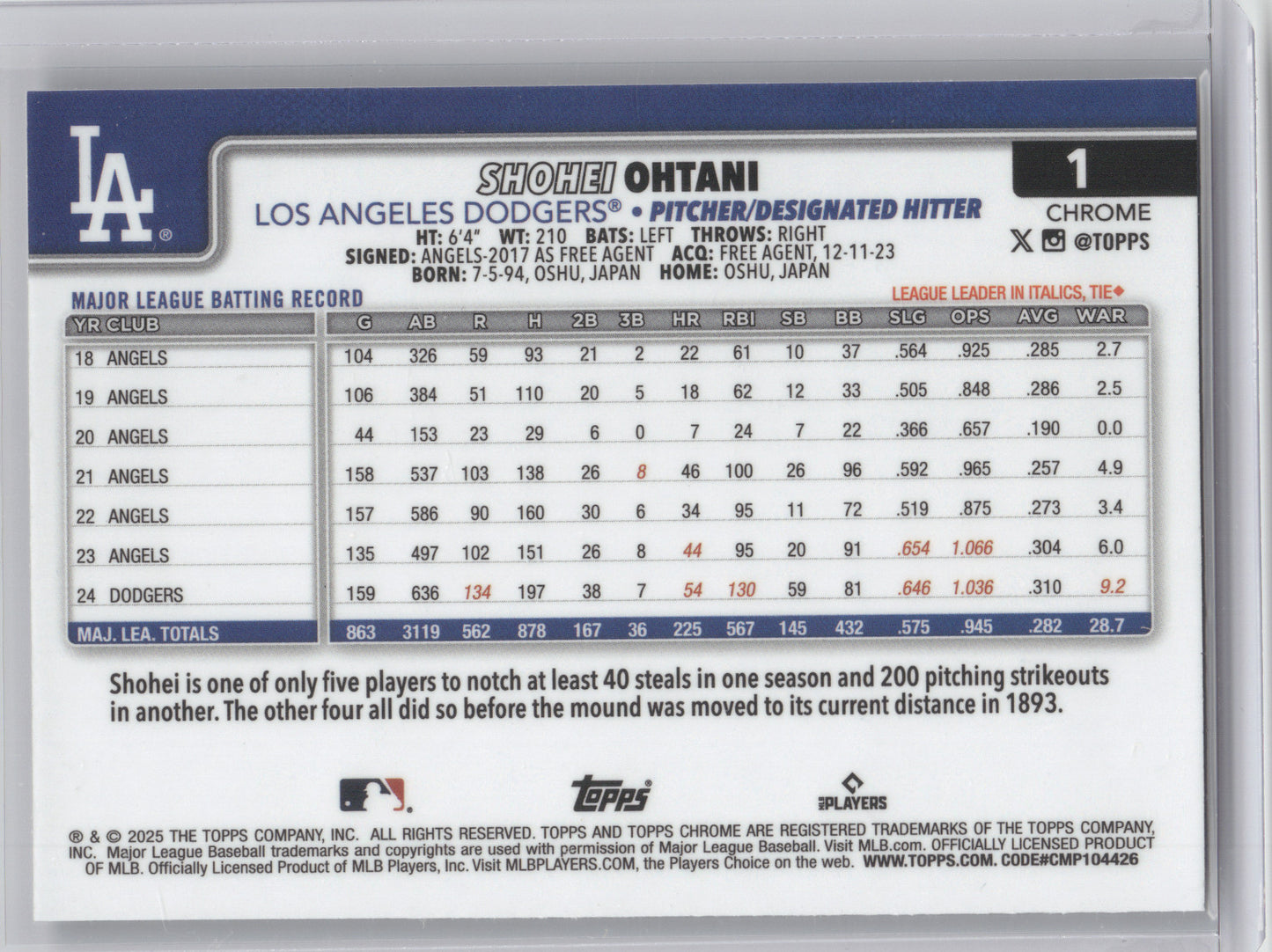 2025 Topps Chrome Shohei Ohtani #1 Sepia Refractor