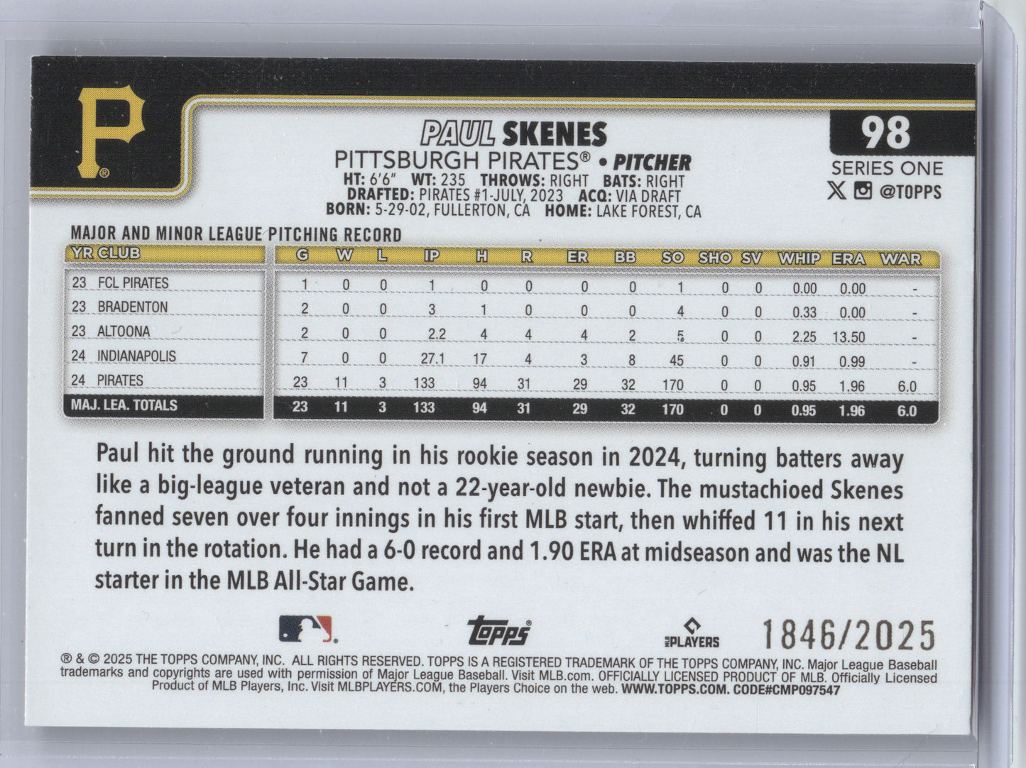 2025 Topps All Star Rookie Paul Skenes #98 Gold 1846/2025