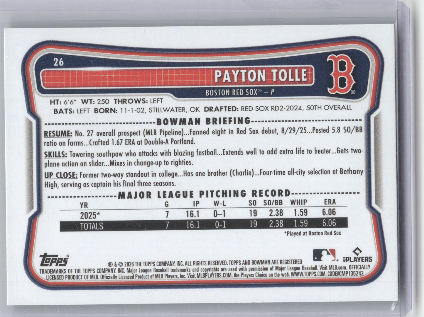 2026 Bowman Payton Tolle #26 Green Pattern 18/99 RC