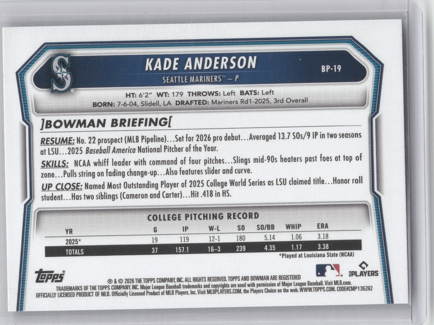 2026 Bowman Kade Anderson #BP-19 Purple 050/250