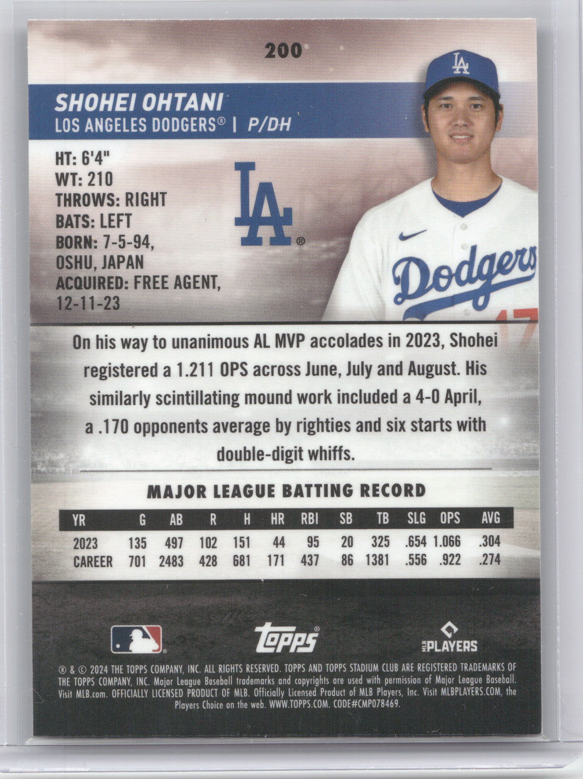 2024 Topps Stadium Club Chrome Shohei Ohtani #200 Green Refractor