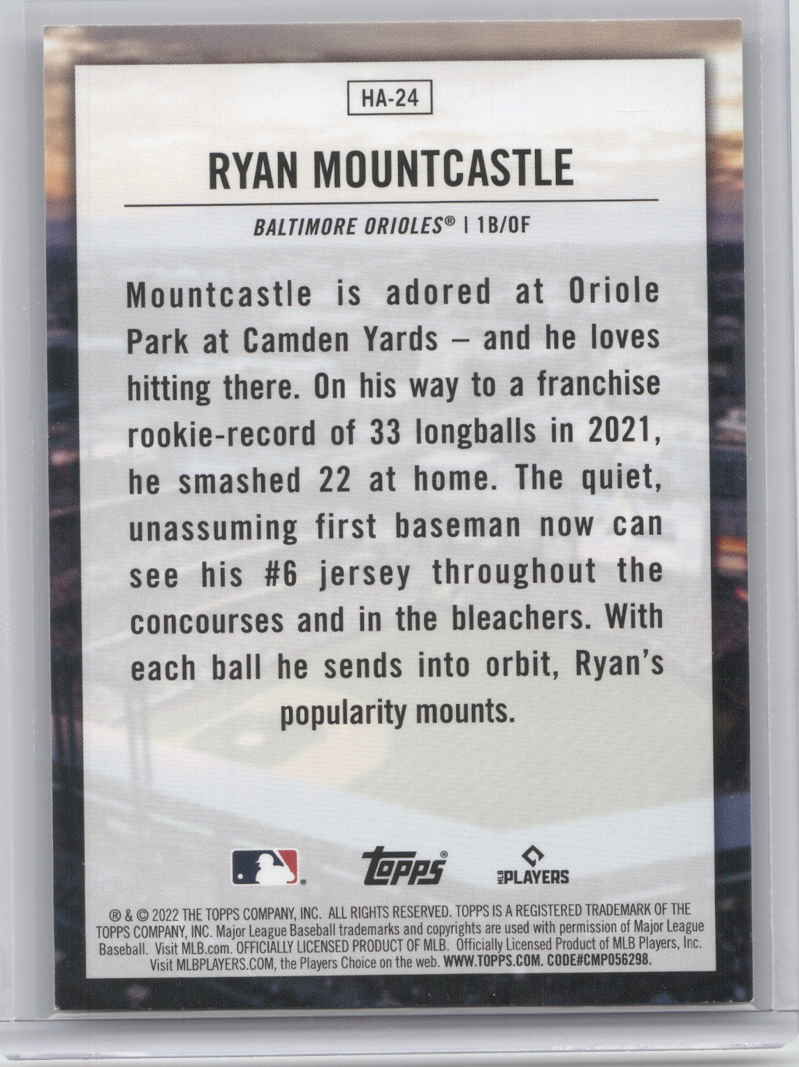 2022 Topps Home Field Advantage Ryan Mountcastle #HA-24