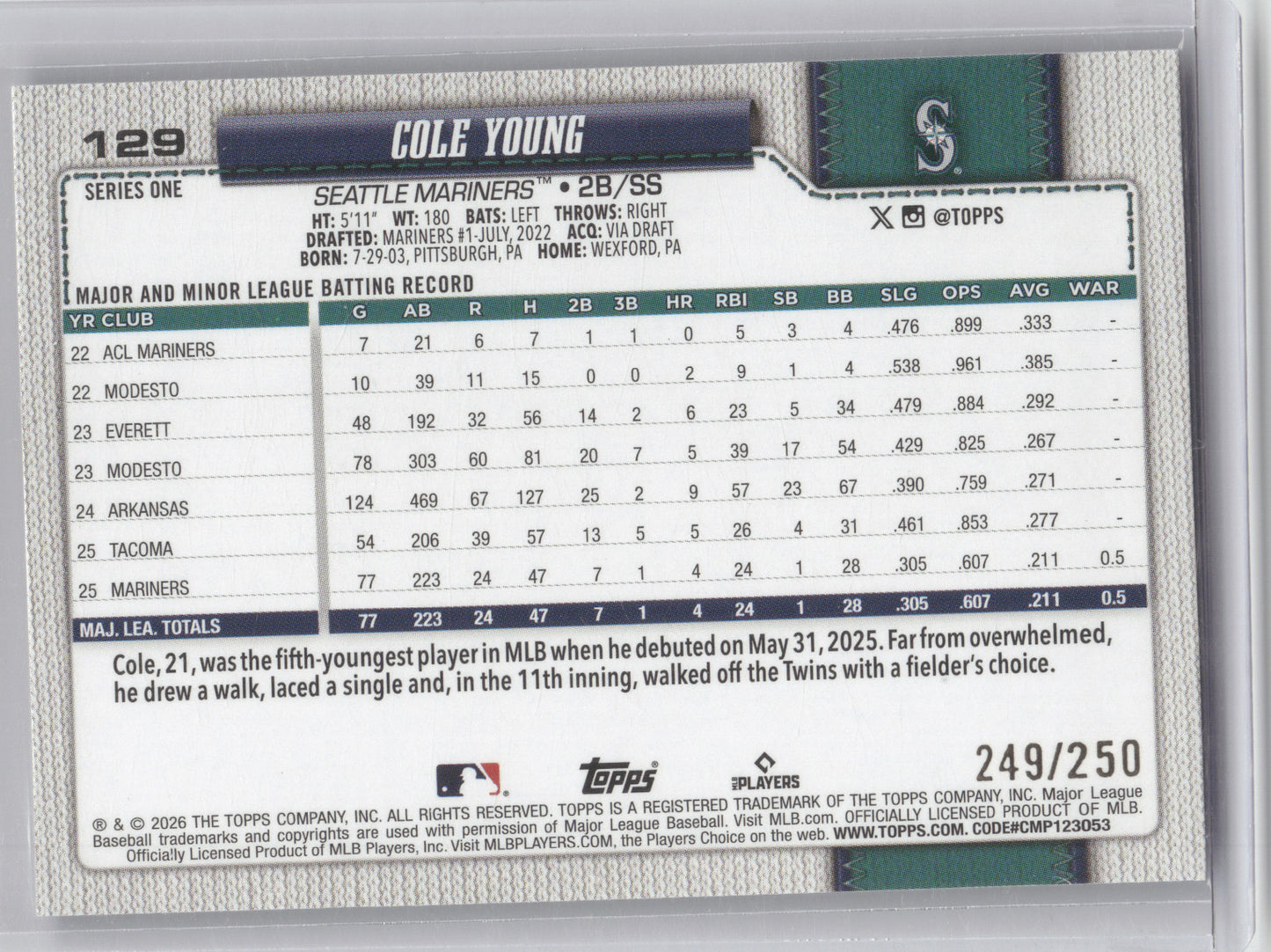 2026 Topps Series One Cole Young #129 Purple Crackle 249/250 RC