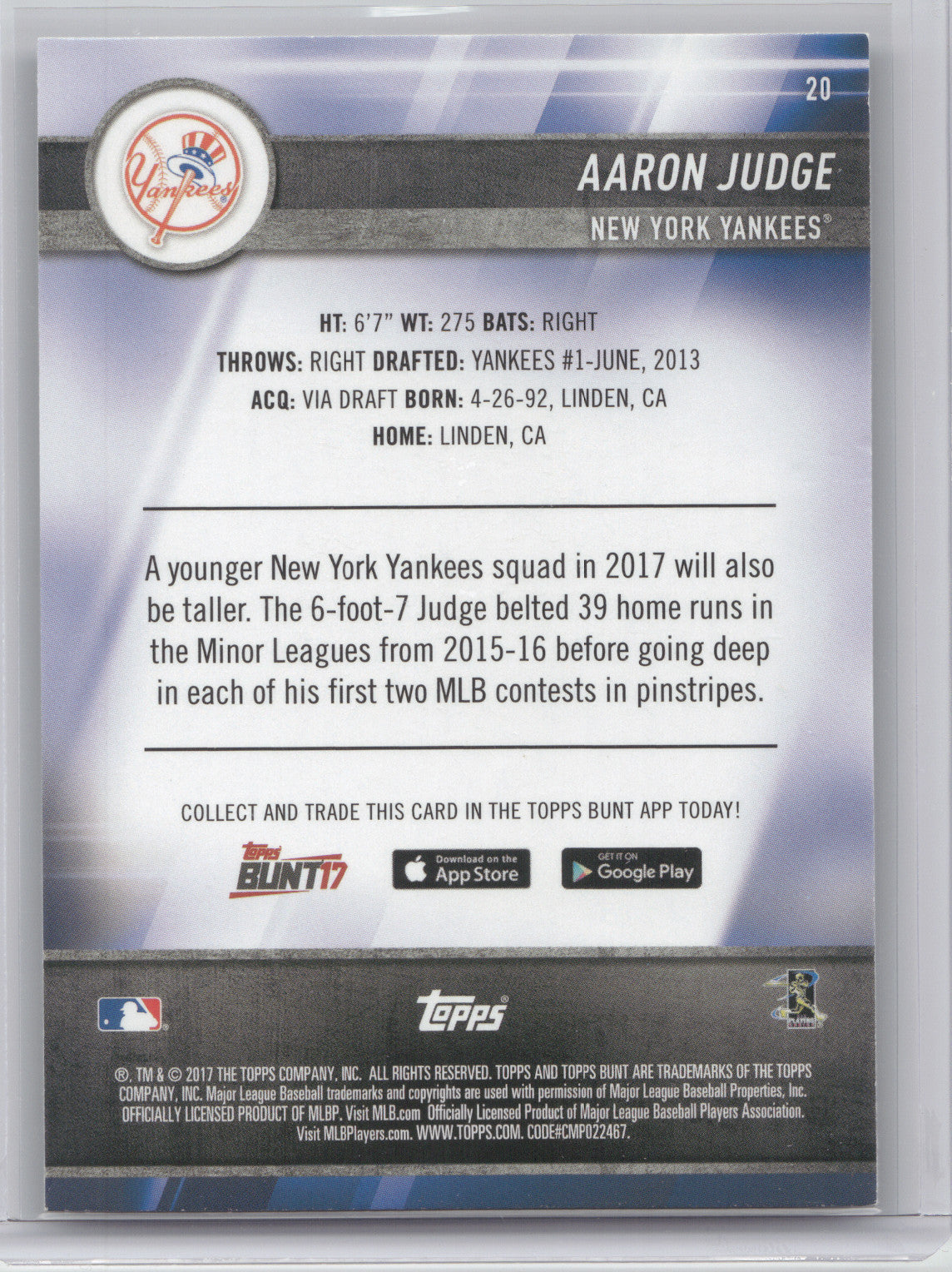2017 Topps Bunt Aaron Judge #20 RC