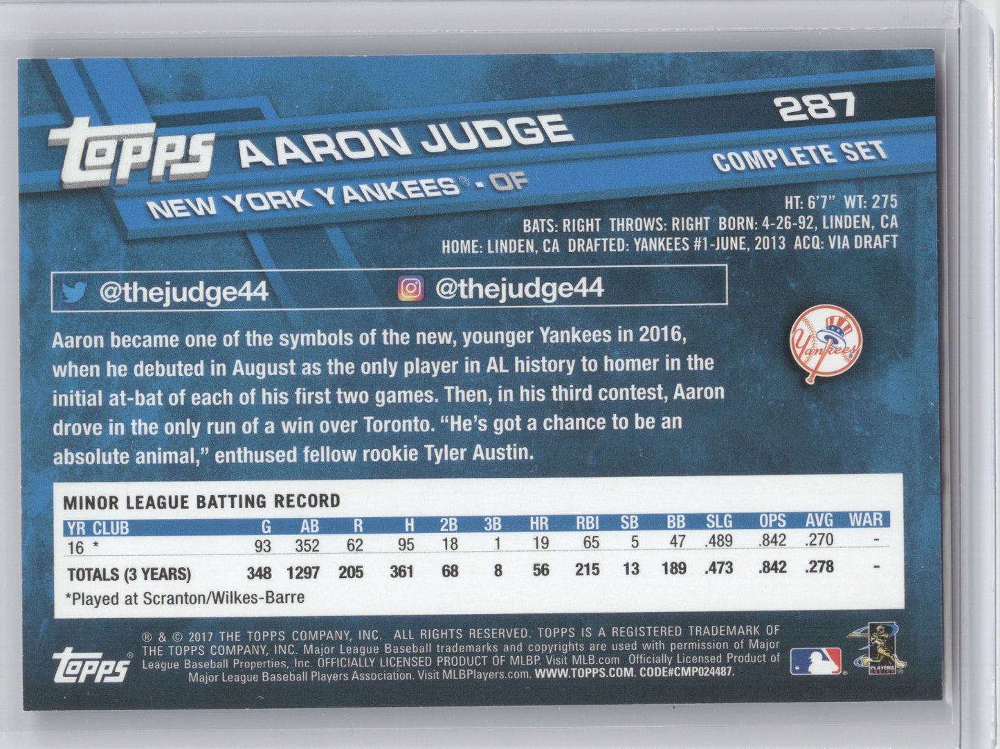 2017 Topps Aaron Judge #287 Running RC