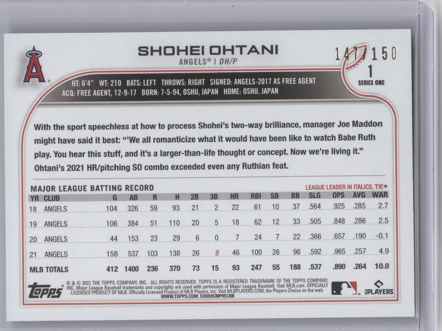 2022 Topps Shohei Ohtani #1 Green 147/150