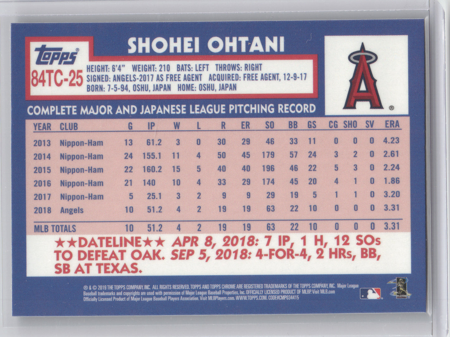 2019 Topps Chrome (1984 Topps Baseball) Shohei Ohtani #84TC-25 Refractor