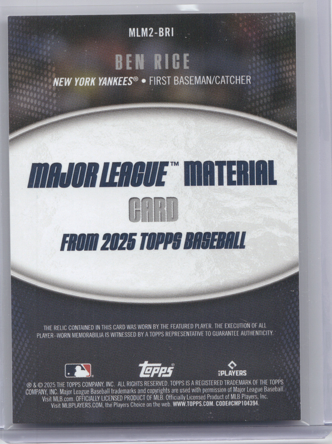 2025 Topps Major League Material Ben Rice #MLM2-BRI Player-Worn Memorabilia RC