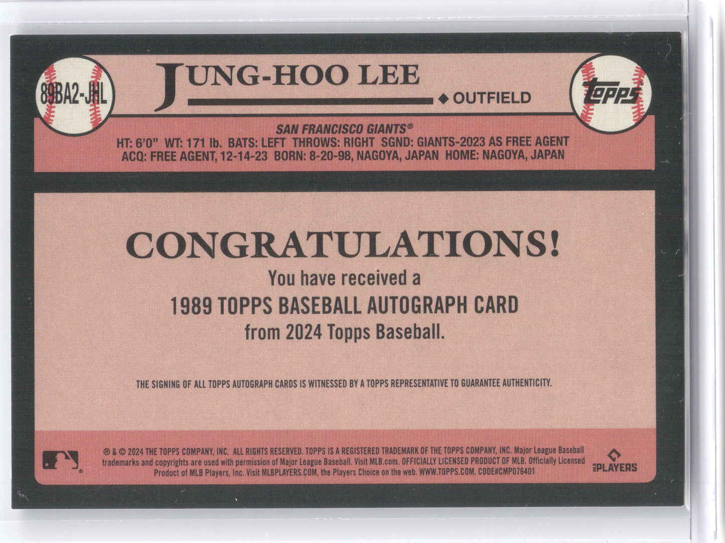 2024 Topps (1989 Topps Autograph) Jung-Hoo Lee #89BA2-JHL RC
