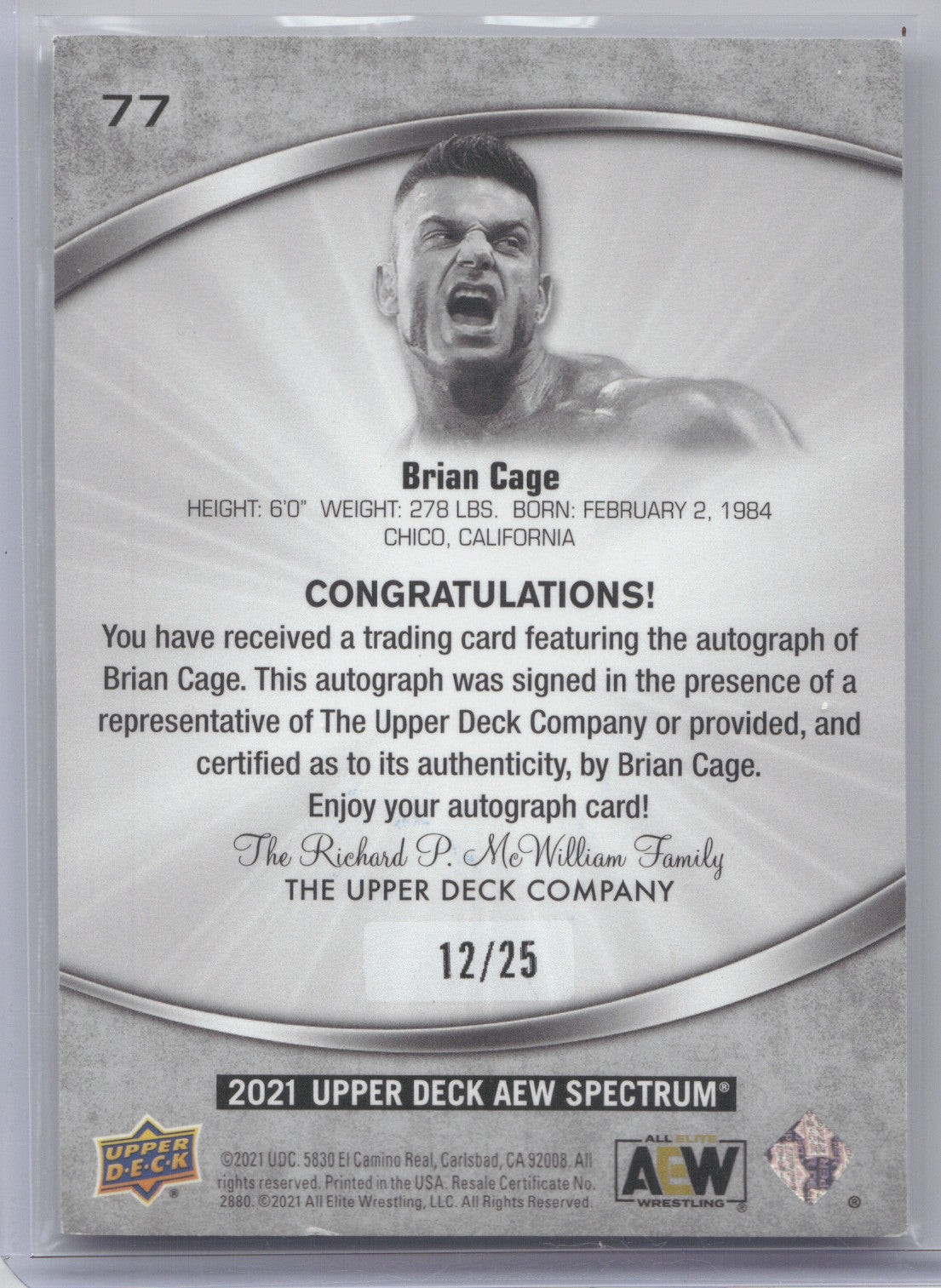 2021 Upper Deck AEW Spectrum Brian Cage #77 Dark Autograph 12/25