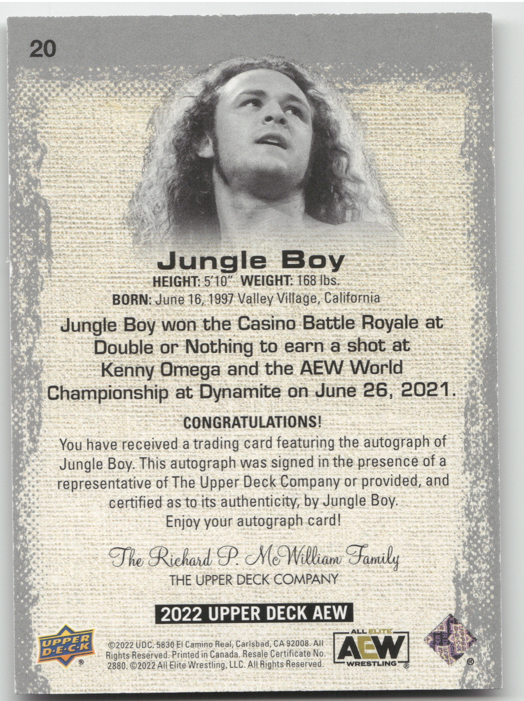 2022 Upper Deck AEW Jungle Boy #20 Autograph