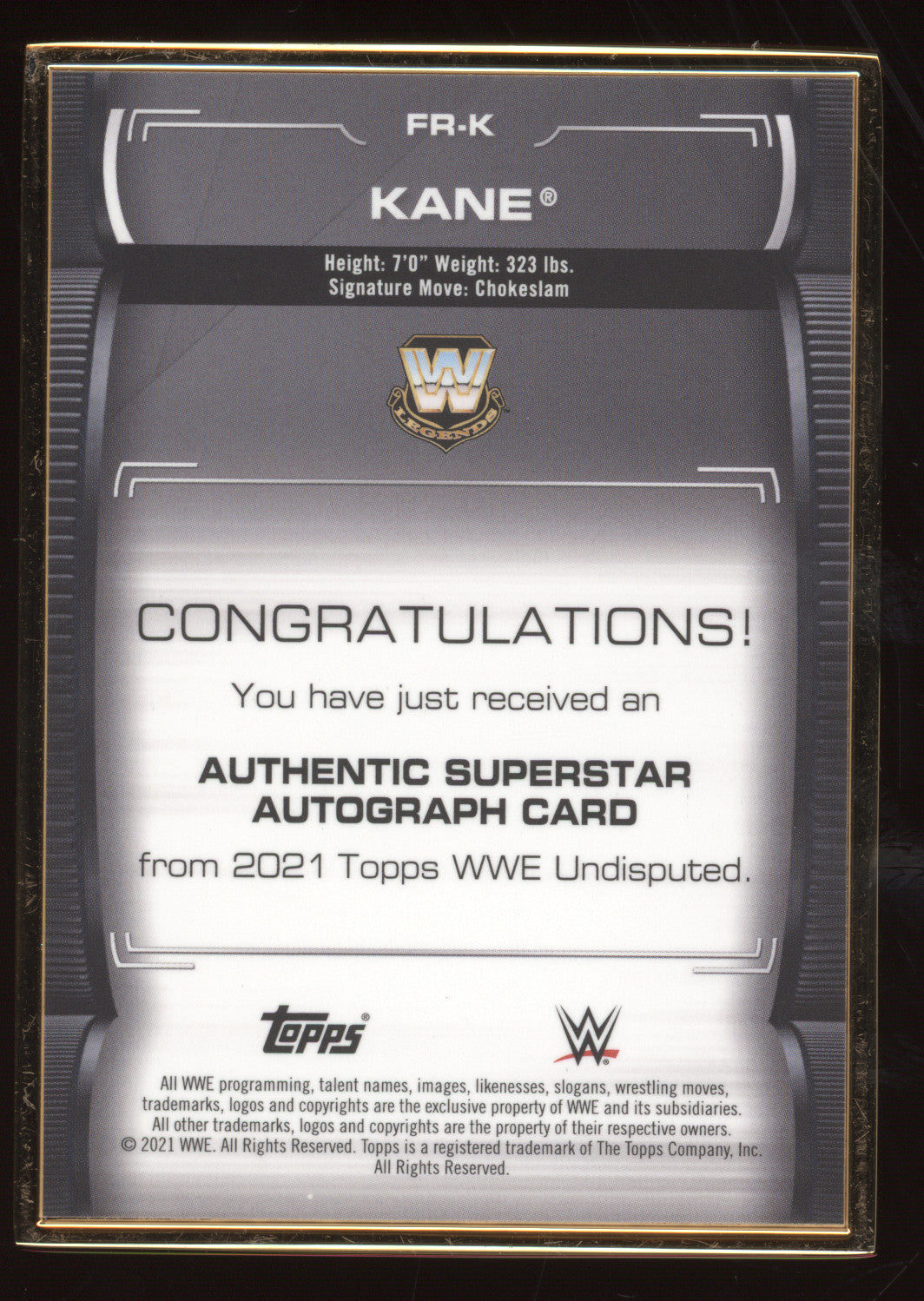 2021 Topps WWE Undisputed Kane #FR-K 013/150 Authentic Superstar Autograph Card