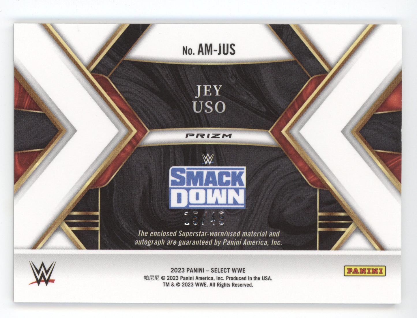 2023 Panini Select Prizm WWE Jey Uso #JUS 15/49 Authentic Autograph Memorabilia