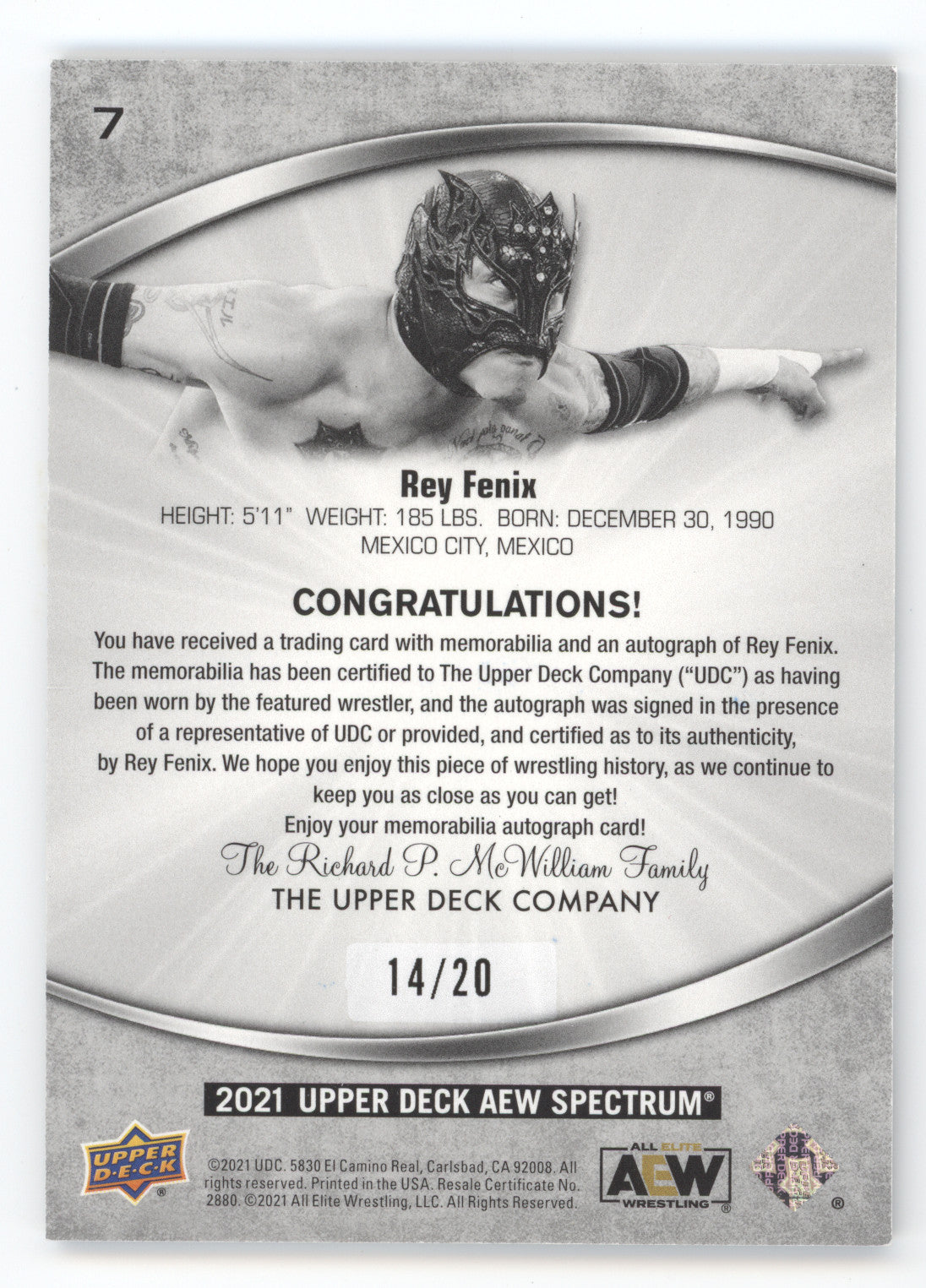2021 Upper Deck AEW Spectrum Rey Fenix #7 14/20 Authentic Autograph Memorabilia