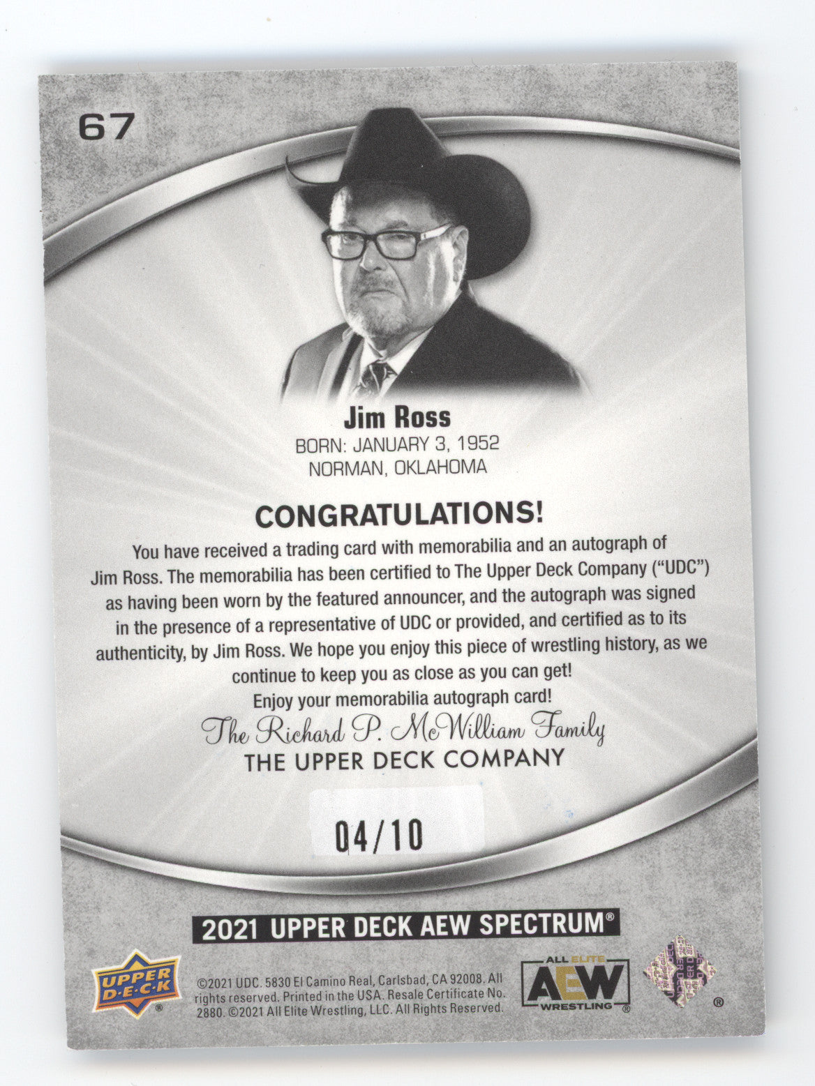 2021 Upper Deck AEW Spectrum Jim Ross #67 04/10 Authentic Autograph Memorabilia