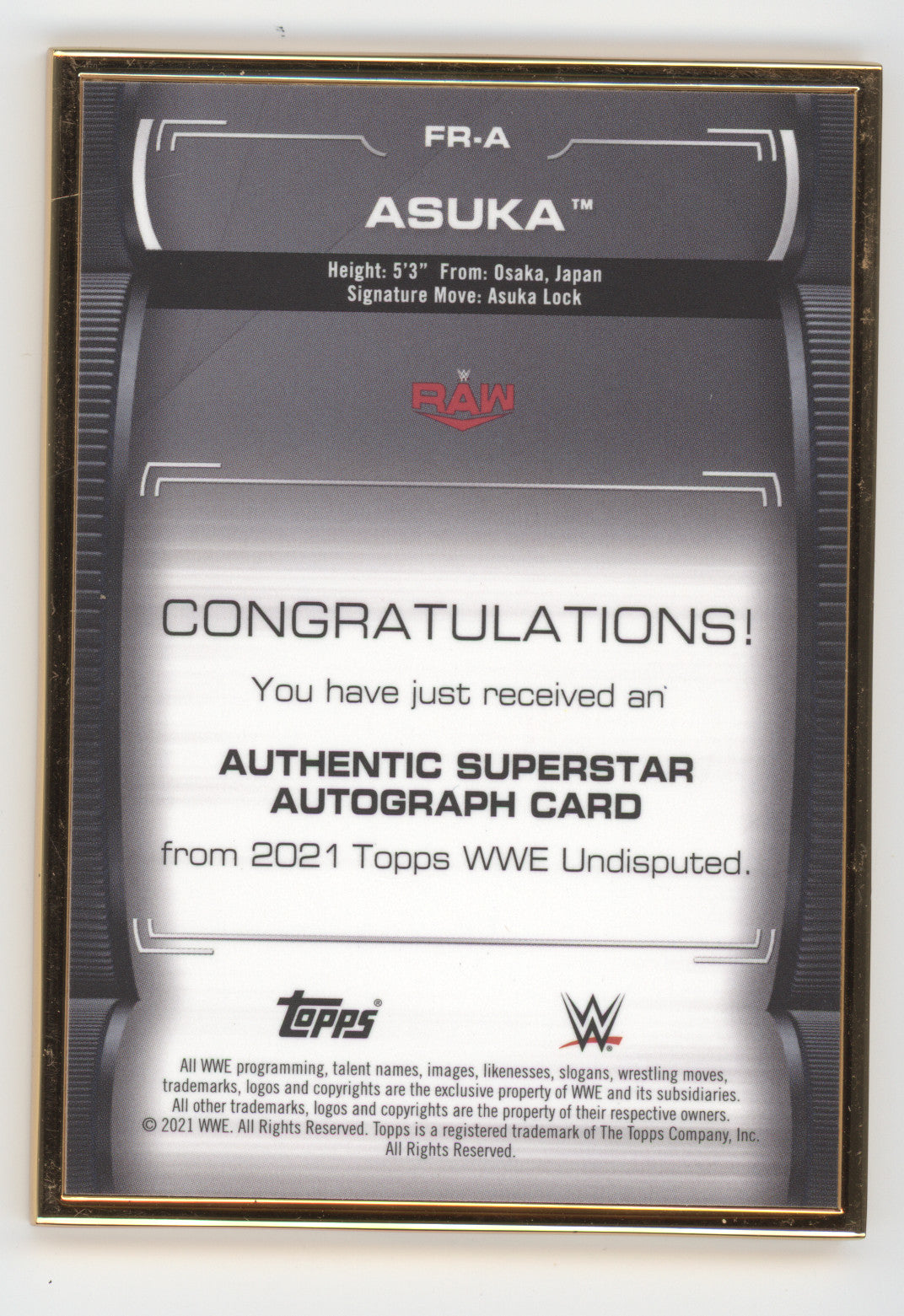 2021 Topps WWE Undisputed Superstar Autograph Asuka #FR-A Gold Frame 121/150