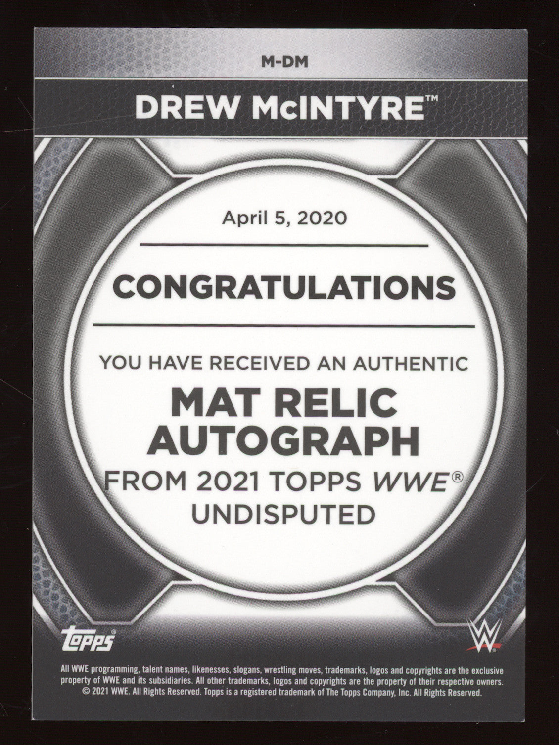 2021 Topps WWE Undisputed Drew McIntyre #M-DM 12/25 Authentic Mat Relic Auto