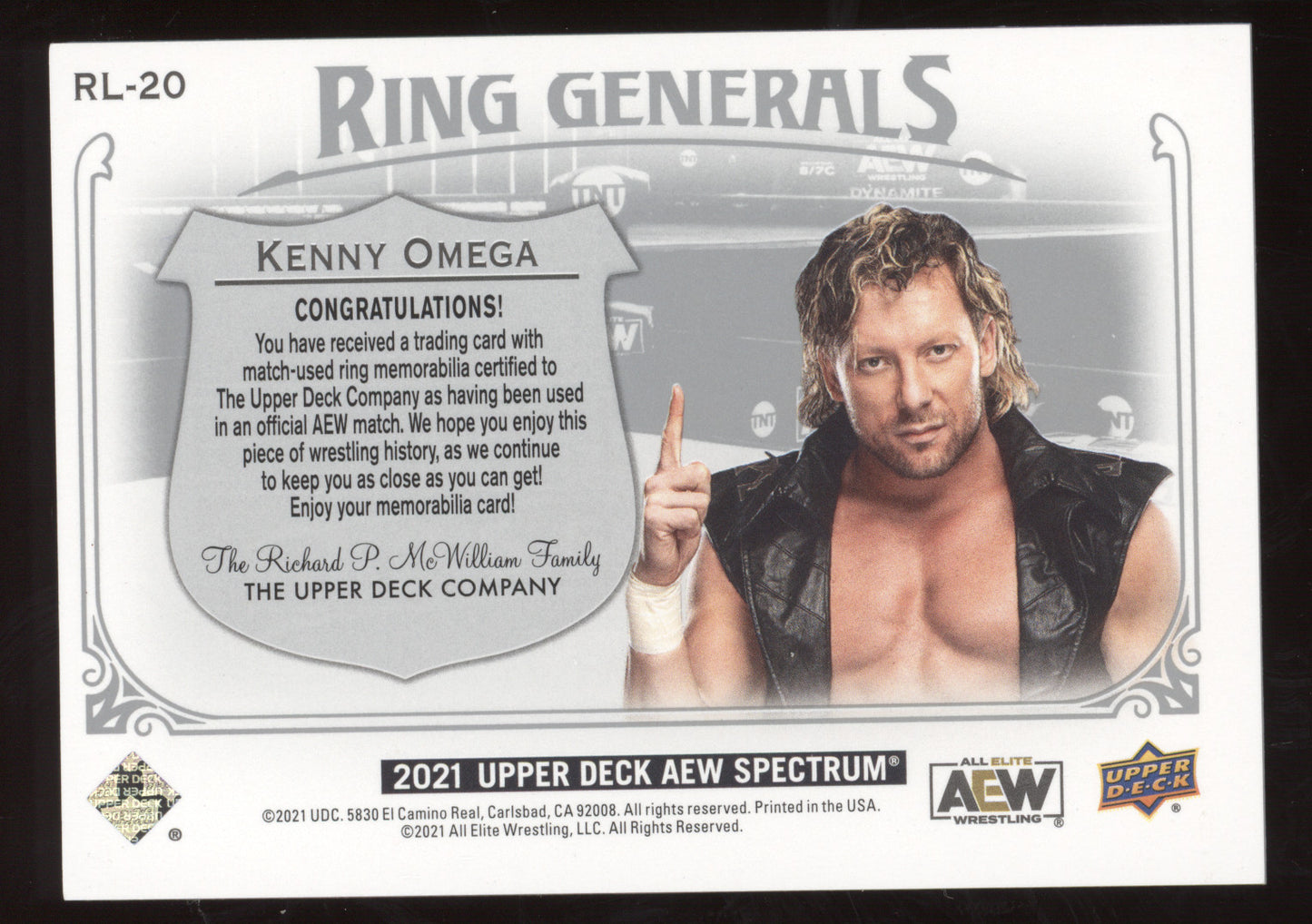 2021 Upper Deck AEW Spectrum Ring Generals Kenny Omega #RL-20 49/50 Triple Relic