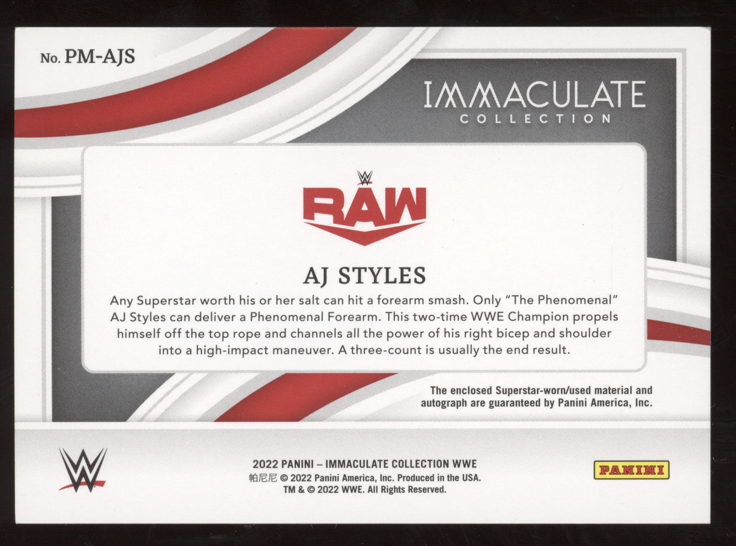 2022 Panini Immaculate Collection WWE AJ Styles #AJS Superstar-worn Auto 10/99