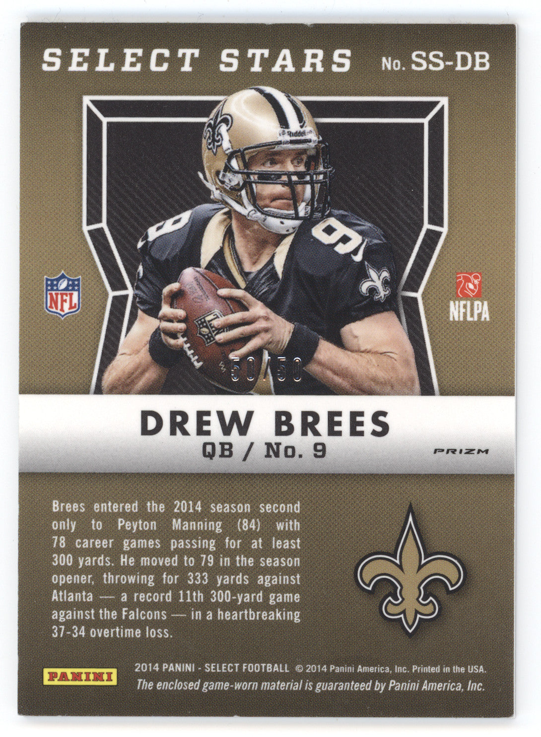 2014 Panini Select Prizm Select Stars Drew Brees #SS-DB Orange 50/50 Jersey