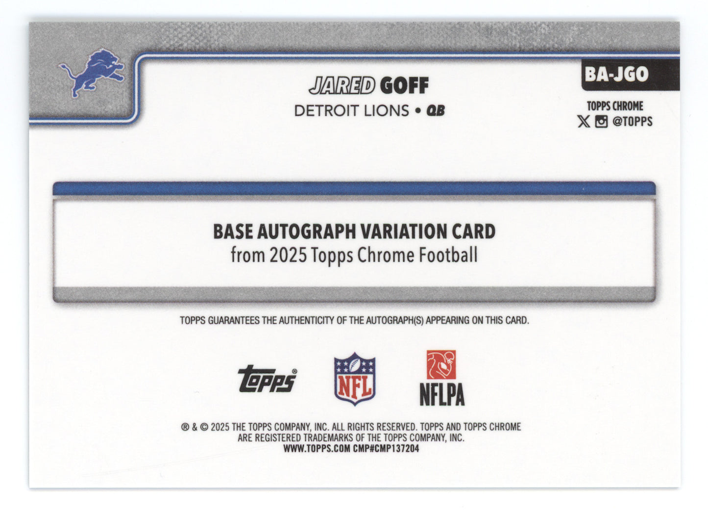 2025 Topps Chrome Autograph Jared Goff #BA-JGO Teal Refractor 274/299