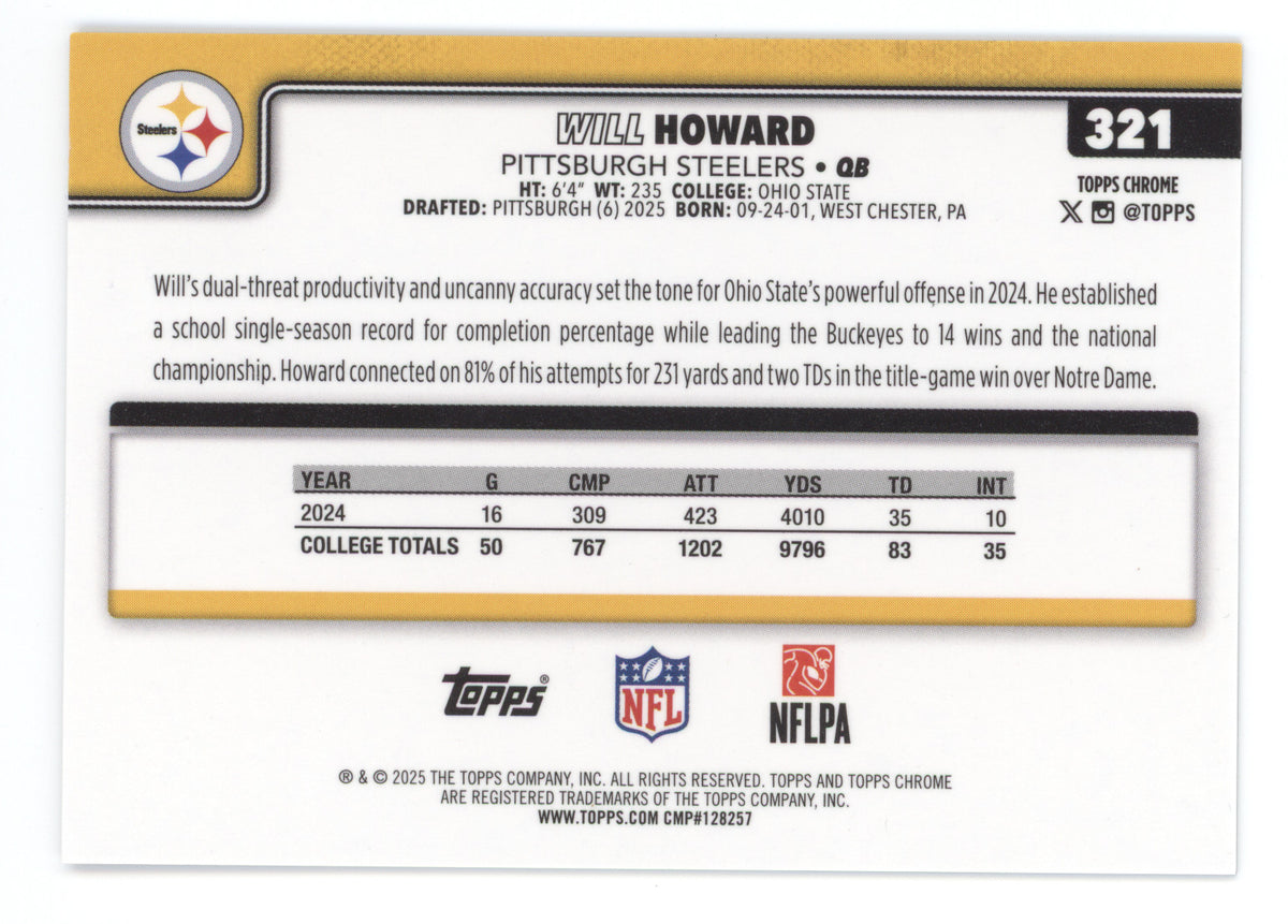 2025 Topps Chrome Will Howard #321 Gold Wave RC 19/50