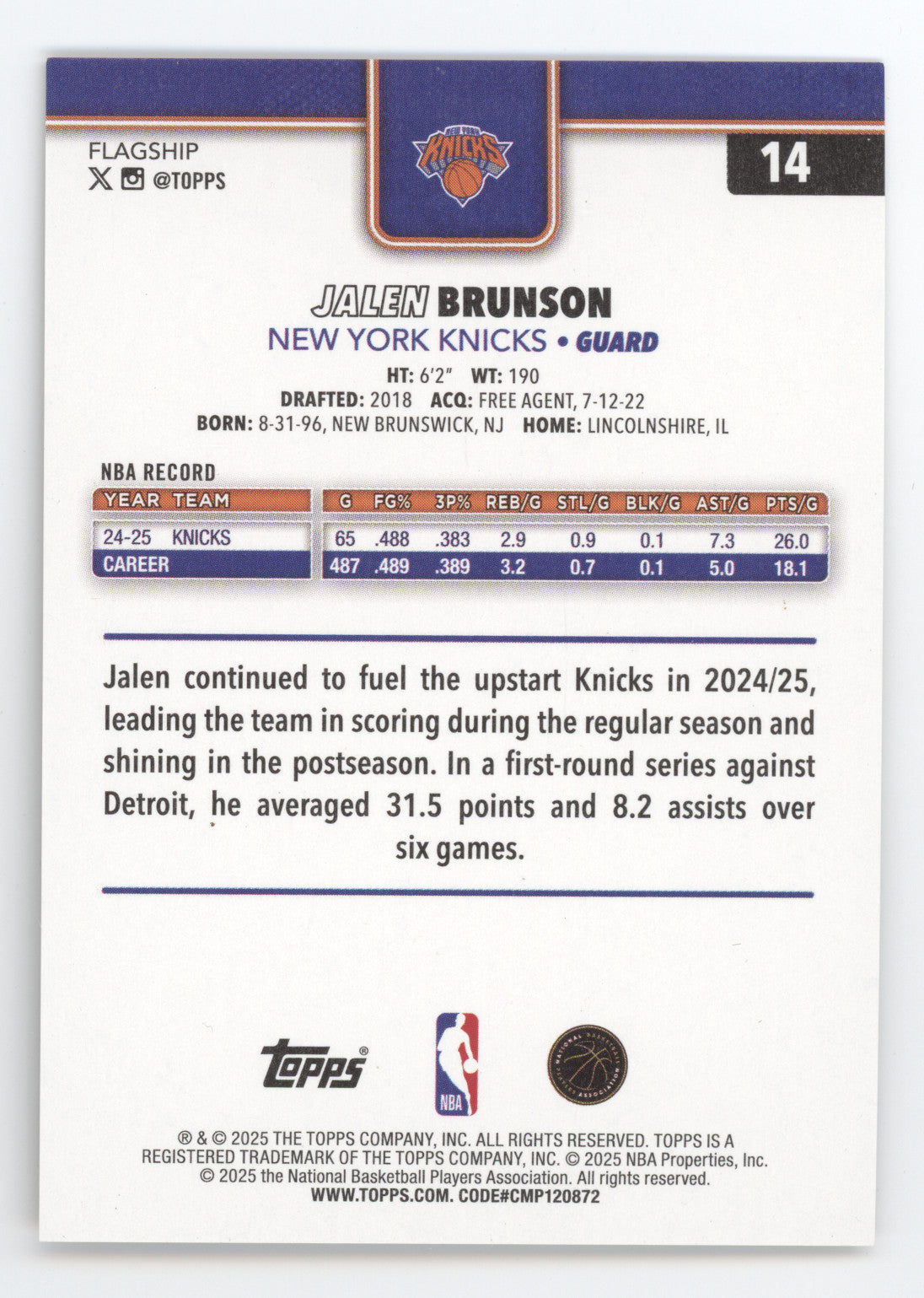 2025 Topps Jalen Brunson #14 Gold Diamante 16/50