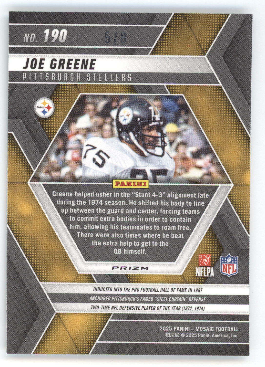 2025 Panini Mosaic Joe Greene #190 Green Sparkle 5/8