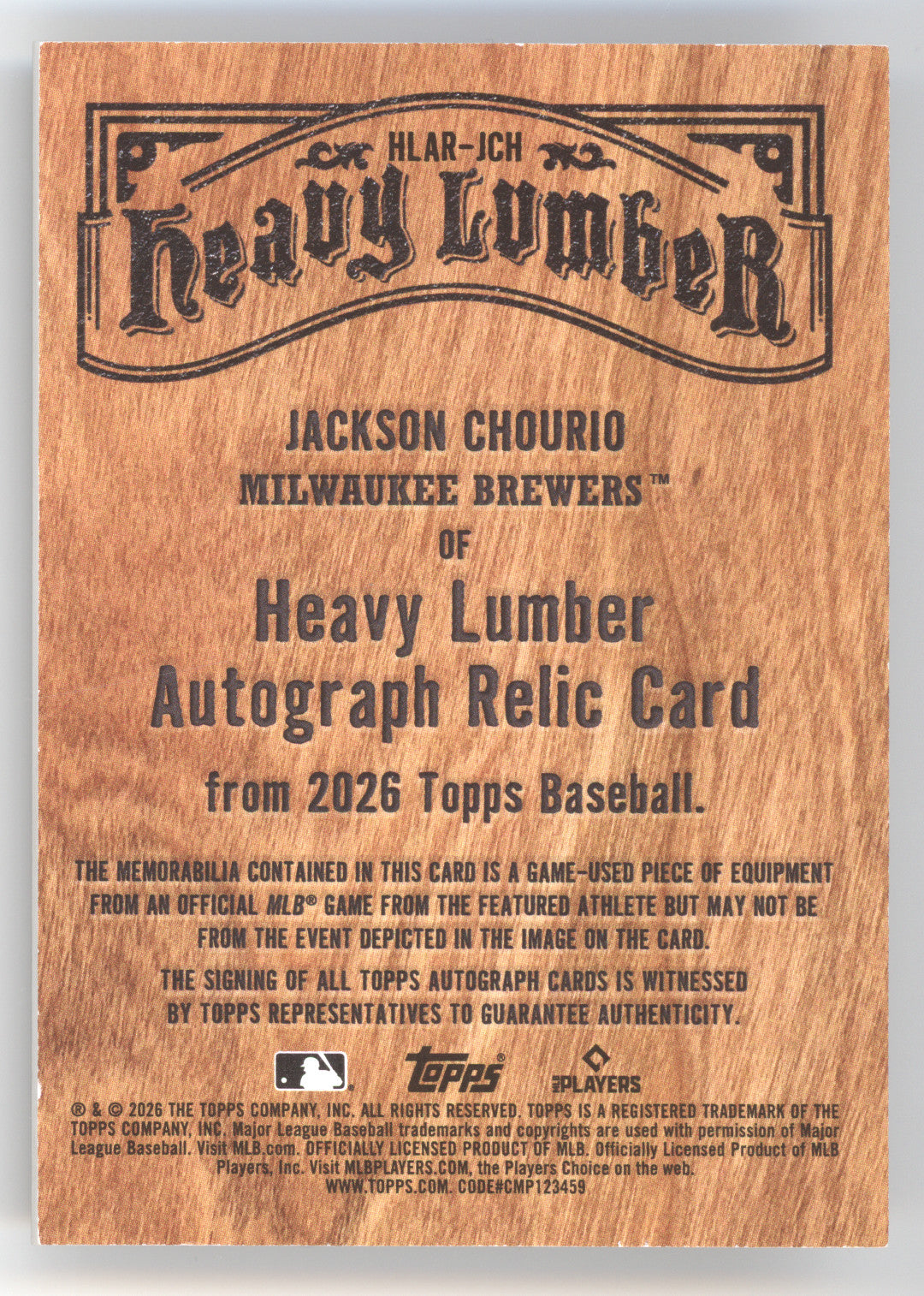 2026 Topps Heavy Lumber Autograph Relic Jackson Chourio #HLAR-JCH Game-Used Bat