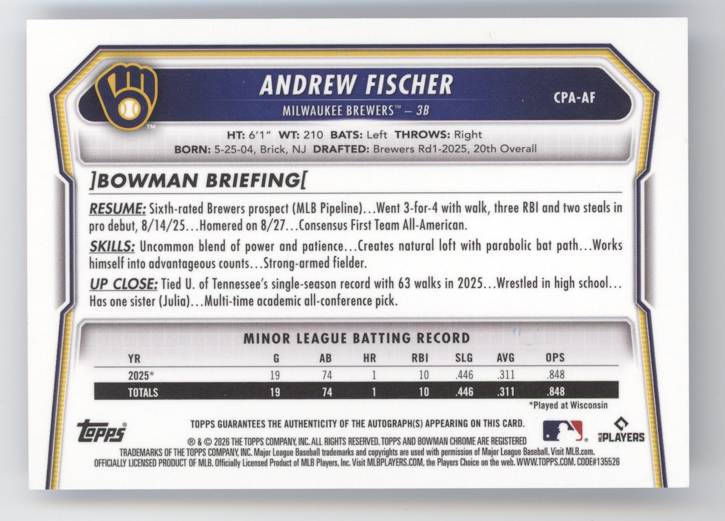 2026 Bowman Chrome Prospect Autograph Andrew Fischer #AF Blue X-Fractor 009/150