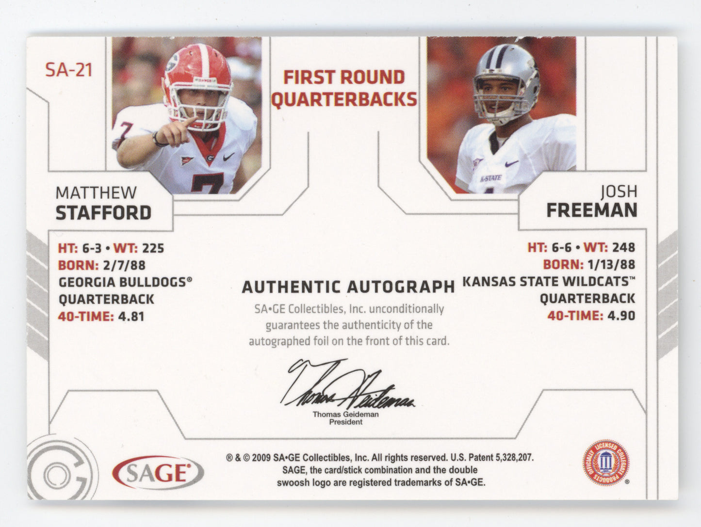 2009 SAGE Hit Josh Freeman Matthew Stafford #SA-21 Dual Autograph