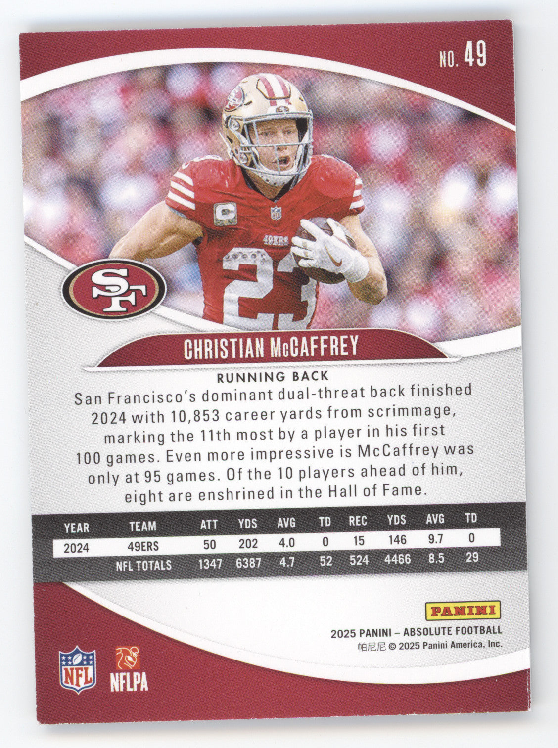 2025 Panini Absolute Football Christian McCaffrey #49 Spectrum Splash 02/16