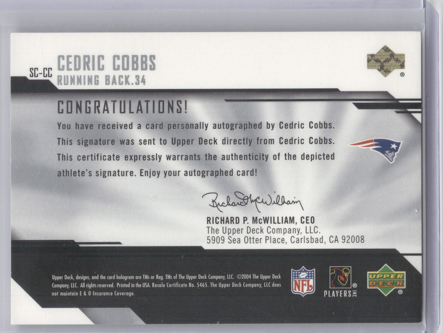 2004 Upper Deck Diamond ProSigs Signature Collection Cedric Cobbs #SC-CC 10/10
