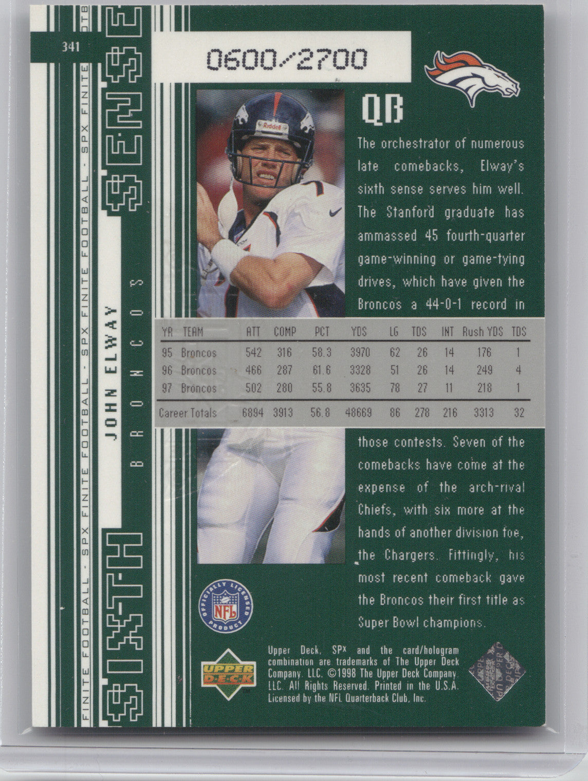 1998 Upper Deck SPx Finite Sixth Sense John Elway #341 0600/2700
