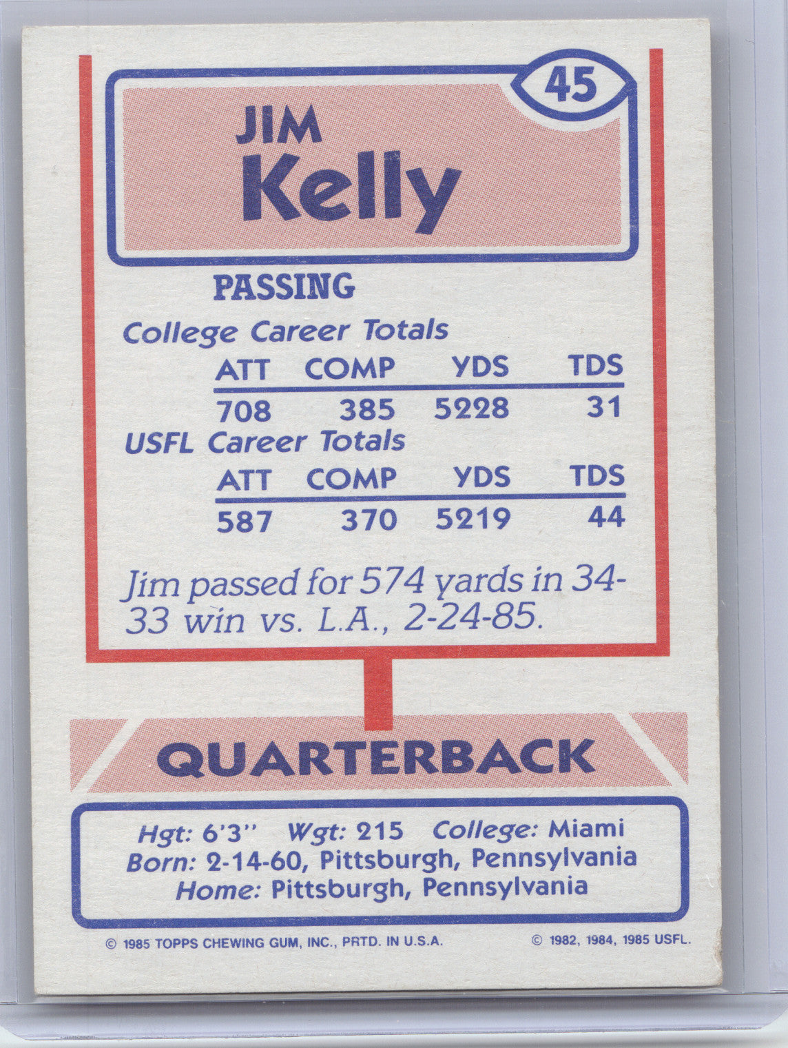 1985 Topps USFL Jim Kelly #45