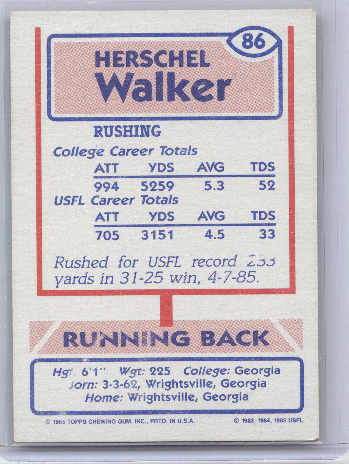 1985 Topps USFL Herschel Walker #86