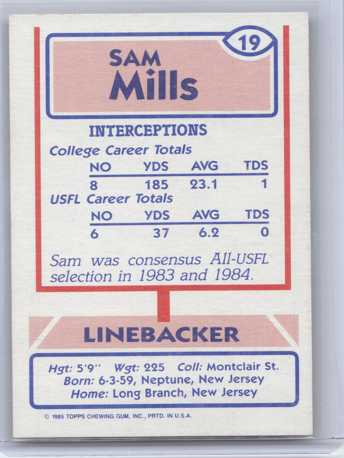 1985 Topps USFL Sam Mills #19
