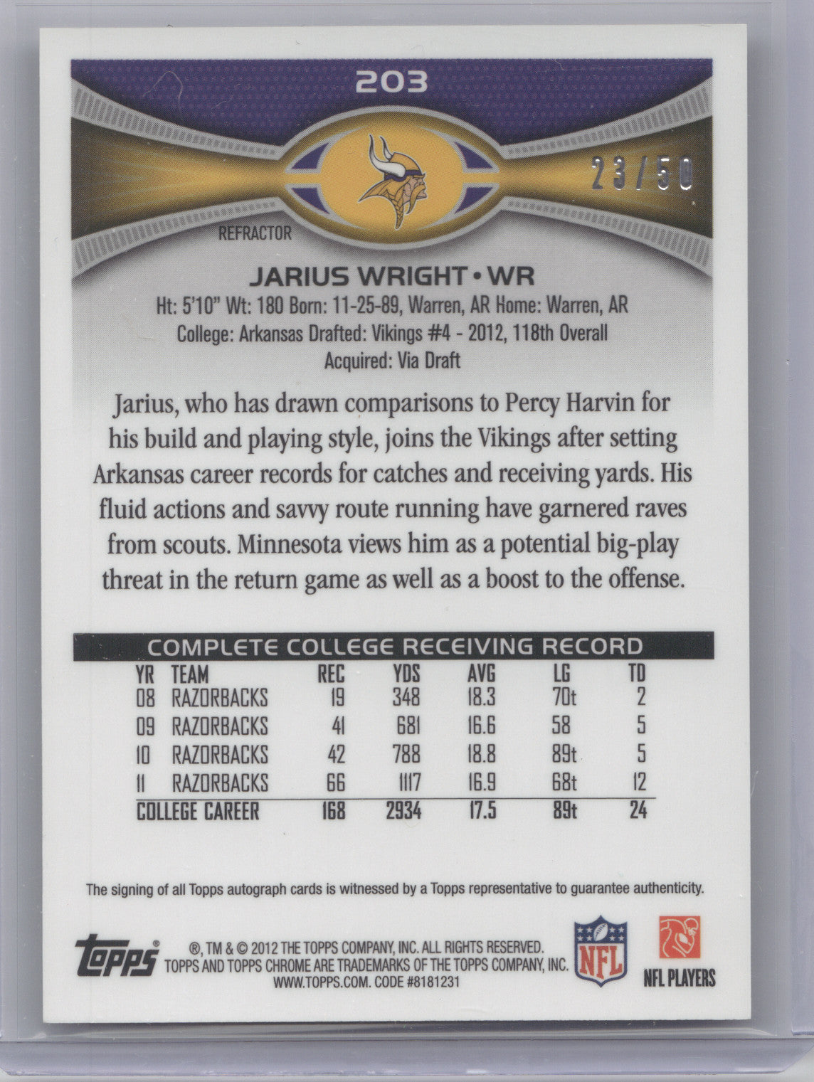 2012 Topps Chrome Jarius Wright #203 Autograph Prism Refractor 23/50 RC