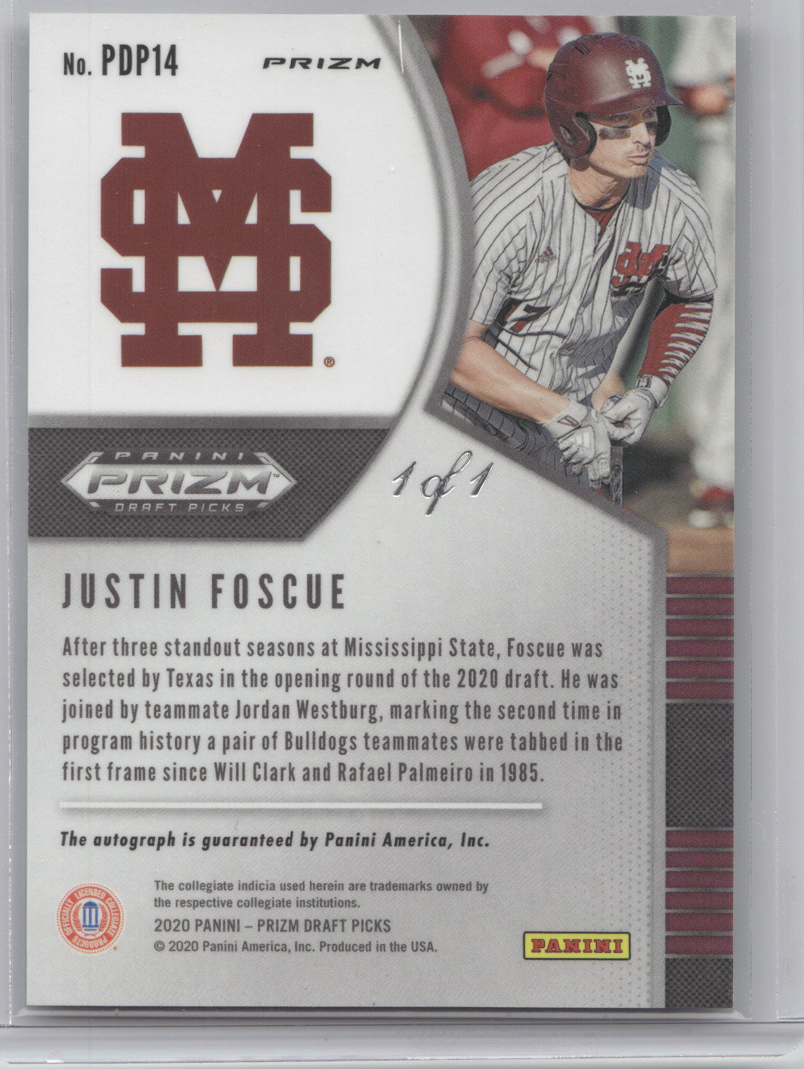 2020 Panini Prizm Draft Pick Autograph Justin Foscue #PDP14 White Sparkle 1 of 1