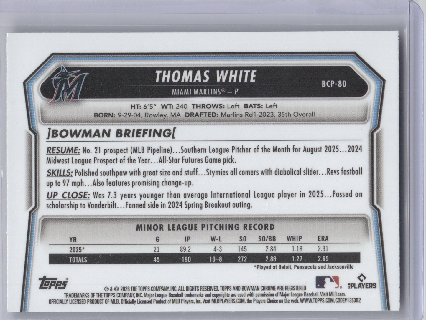 2026 Bowman Chrome Prospect Thomas White #BCP-80 Sunflower Seeds
