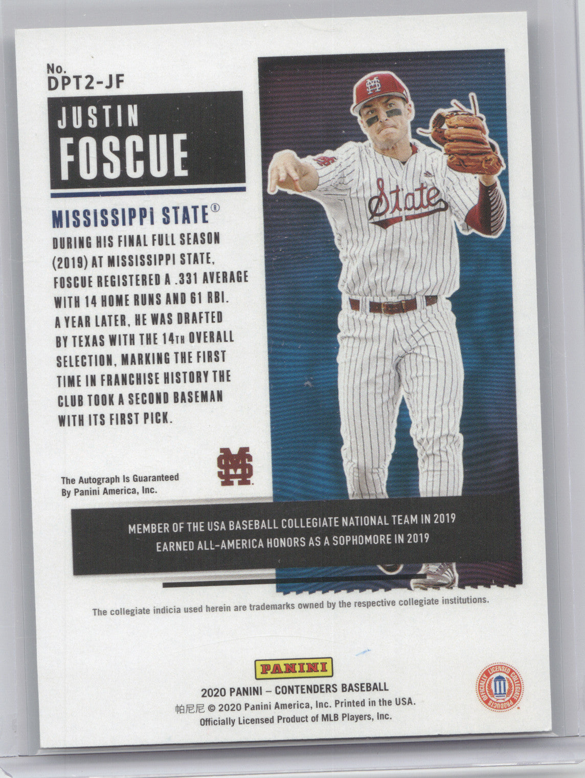 2020 Panini Contenders Baseball Justin Foscue #DPT2-JF Draft Pick Ticket 09/10