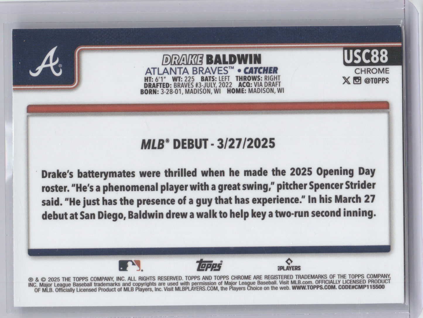 2025 Topps Chrome Update Drake Baldwin #USC88 Blue 111/150 RC