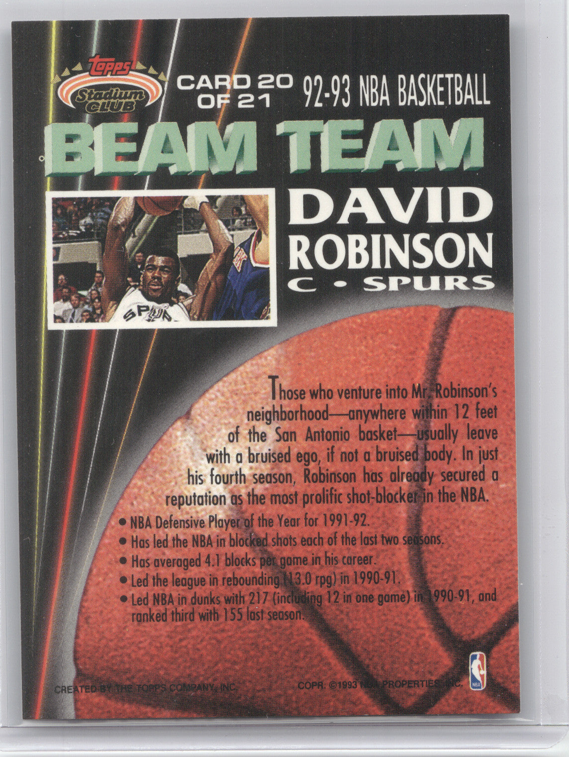 1992 Topps Stadium Club Beam Team David Robinson #20