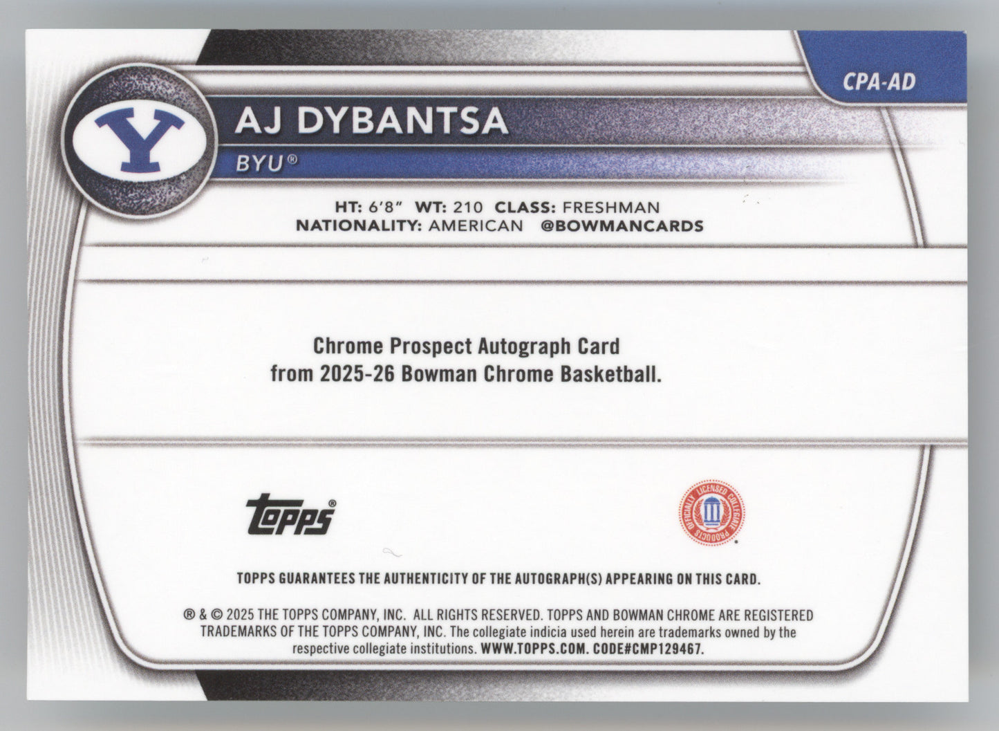 2025 Bowman Chrome U Prospect Autograph AJ Dybantsa #AD Green 20/99 1st Bowman