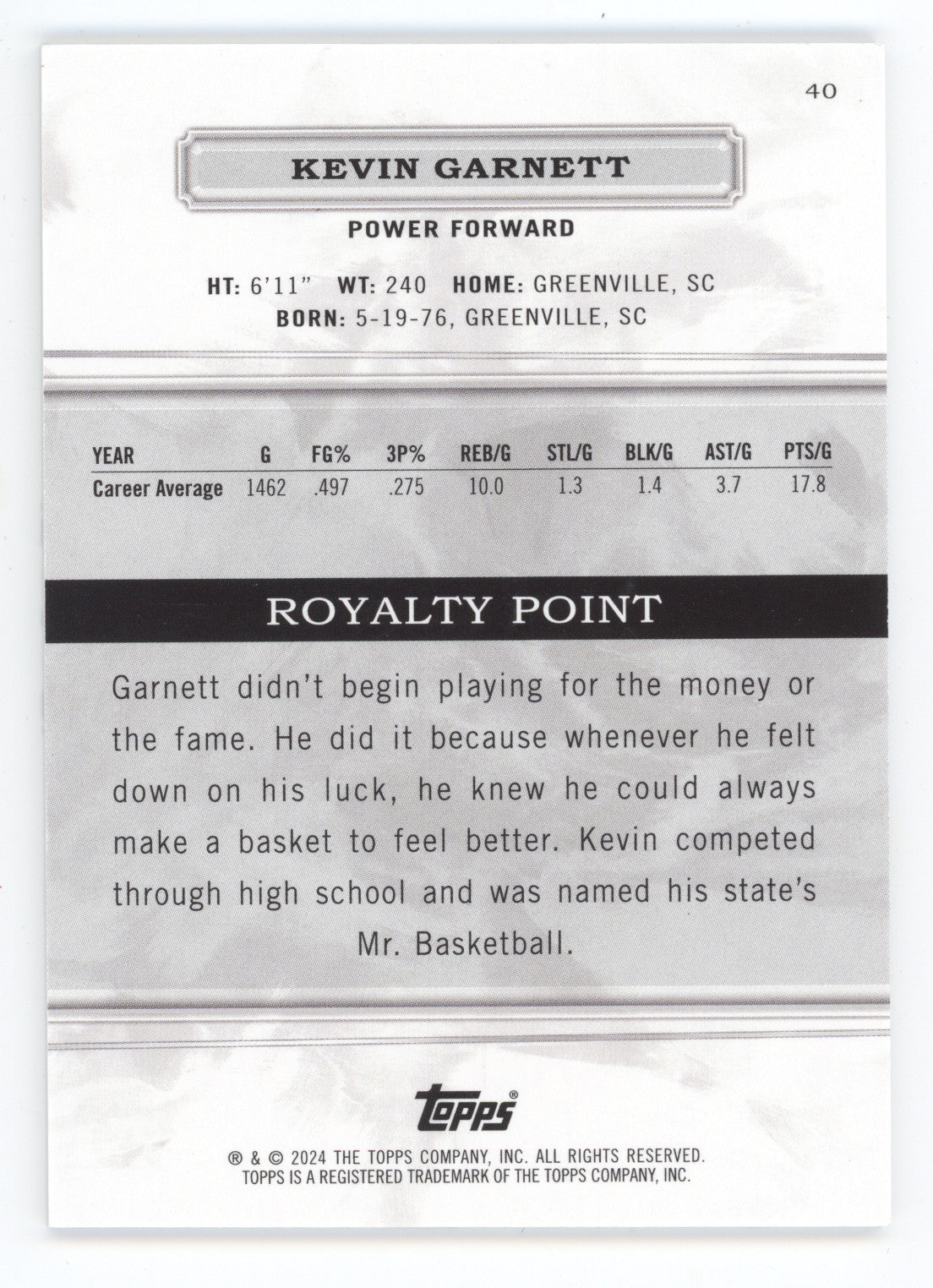 2023 Topps Royalty Kevin Garnett #40 Green 4/5