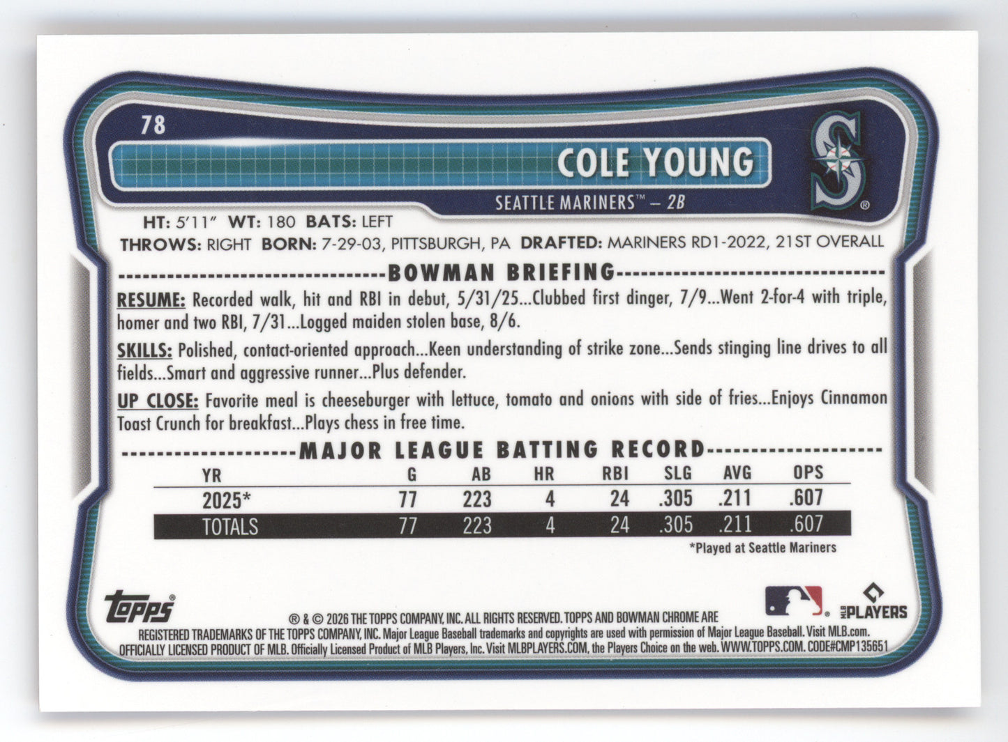 2026 Bowman Chrome Cole Young #78 Red Mojo Refractor 2/5 RC